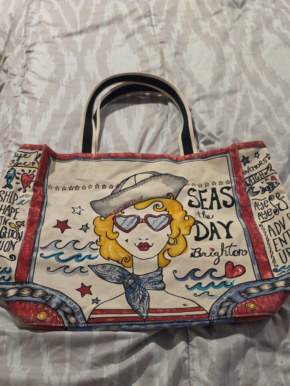 Brighton Seas The Day Canvas Tote in Cream, Red & Blue